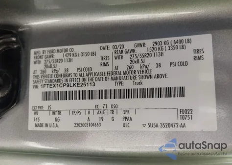 2020 Ford F-150 Xl from USA, damaged, VIN 1FTEX1CP9LKE25113